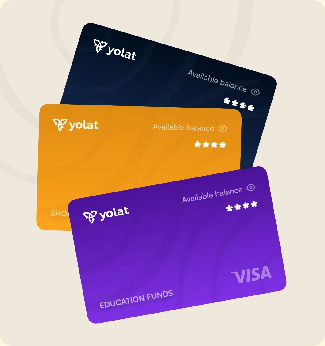 Three Yolat virtual cards fanned out