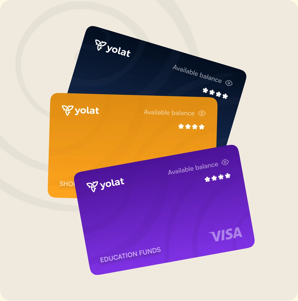 Three Yolat virtual cards fanned out